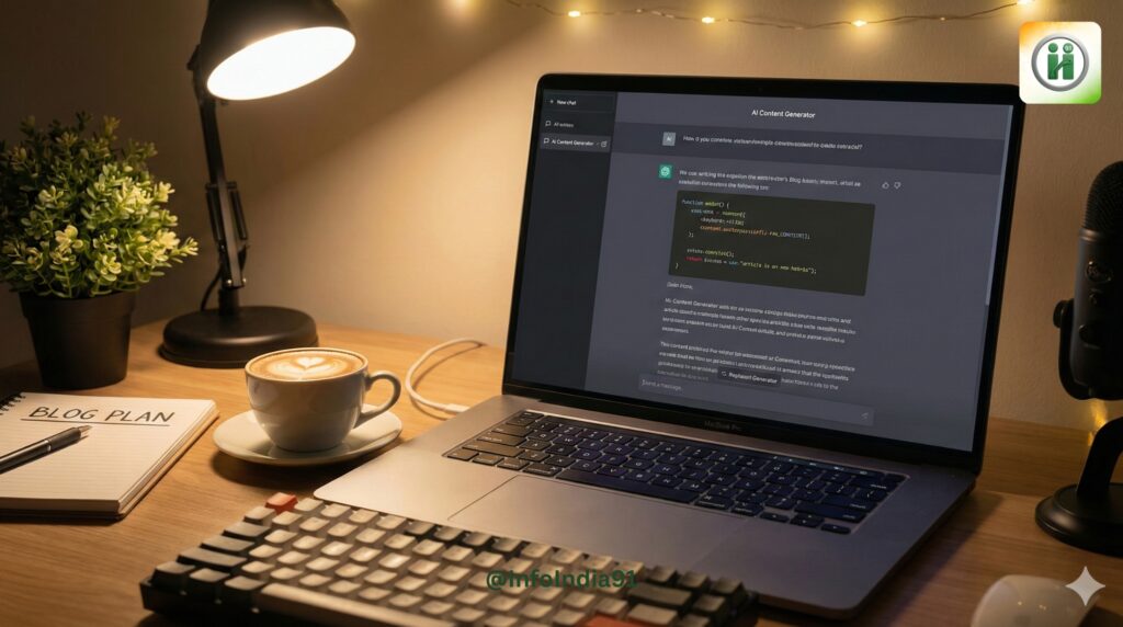 3D AI chatbot robot illustration jo mobile users ke saath interact kar raha hai, "AI CHATBOTS" text aur InfoIndia91 logo ke saath.