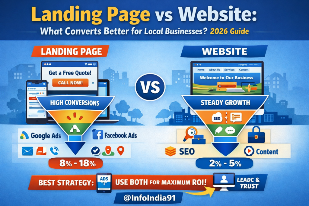 Landing page vs website comparison for local business, kaunsa zyada convert karta hai 2026