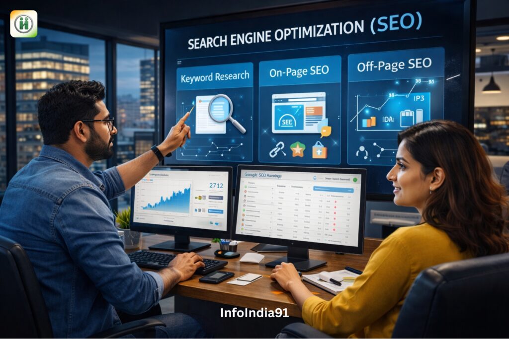 InfoIndia91 SEO experts working on keyword research, on-page and off-page search engine optimization in Gurgaon office