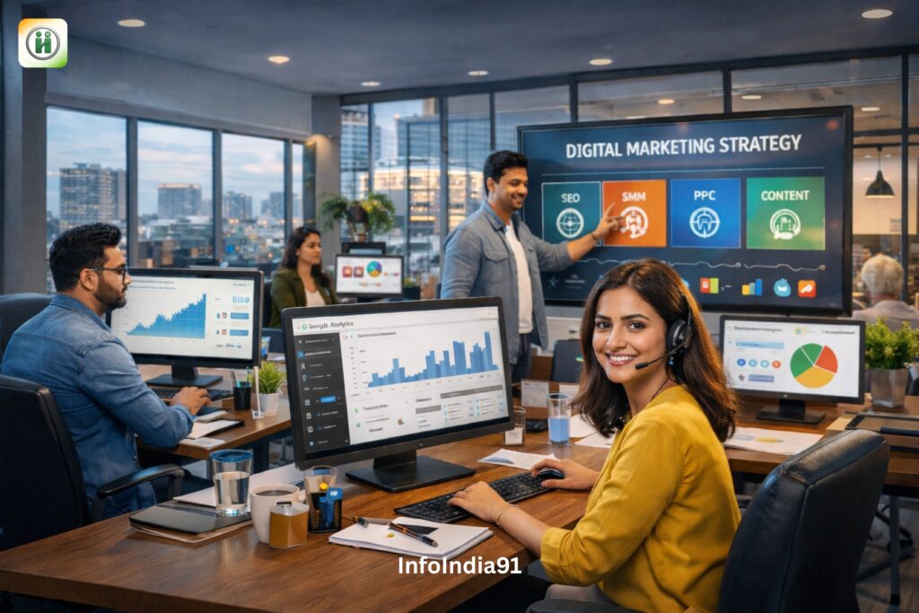 InfoIndia91 digital marketing agency team working on SEO, Google Analytics, PPC and online marketing strategies in Gurgaon office