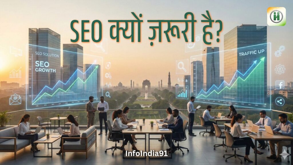 "SEO Kyun Zaroori Hai?" Hindi text wala ek graphic, jisme ek modern office mein log kaam kar rahe hain. Background mein Delhi skyline aur India Gate hai. Digital screens par "SEO GROWTH" aur "TRAFFIC UP" ke rising graphs aur social media icons dikh rahe hain. Yeh image InfoIndia91 dwara digital marketing ki importance ko dikhati hai.