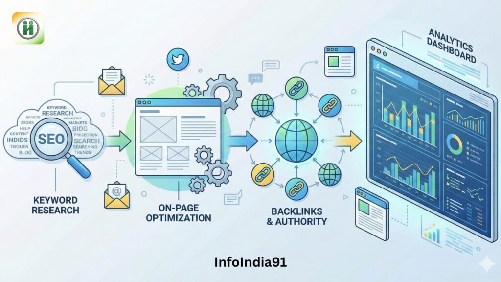 Yeh image SEO aur screen readers ke liye hai. Chunki do images hain, agar aap unhein ek sath use kar rahe hain toh yeh combined Alt Text behtar hai:

InfoIndia91 dwara SEO infographic, jisme 'SEO Kyun Zaroori Hai' Hindi text ke sath office mein badhte traffic graphs aur SEO process ka diagram (Keyword Research, Optimization, Backlinks, Analytics Dashboard) dikhaya gaya hai.