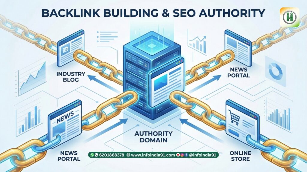 InfoIndia91 dwara chaar images ka set: Pehli image mein Google Maps par Delhi NCR ka Local SEO visualization aur mobile search results hain. Doosri image mein 'Backlink Building & SEO Authority' concept ko chains, server aur alag-alag websites ke icons ke through dikhaya gaya hai. Teesri image SEO process ka flow diagram hai jisme Keyword Research, On-Page Optimization, Backlinks & Authority, aur Analytics Dashboard shamil hain. Chauthi image mein ek modern office scene hai jisme Hindi text "SEO क्यों ज़रूरी है?" aur 'SEO Growth' व 'Traffic Up' ke graphs hain.