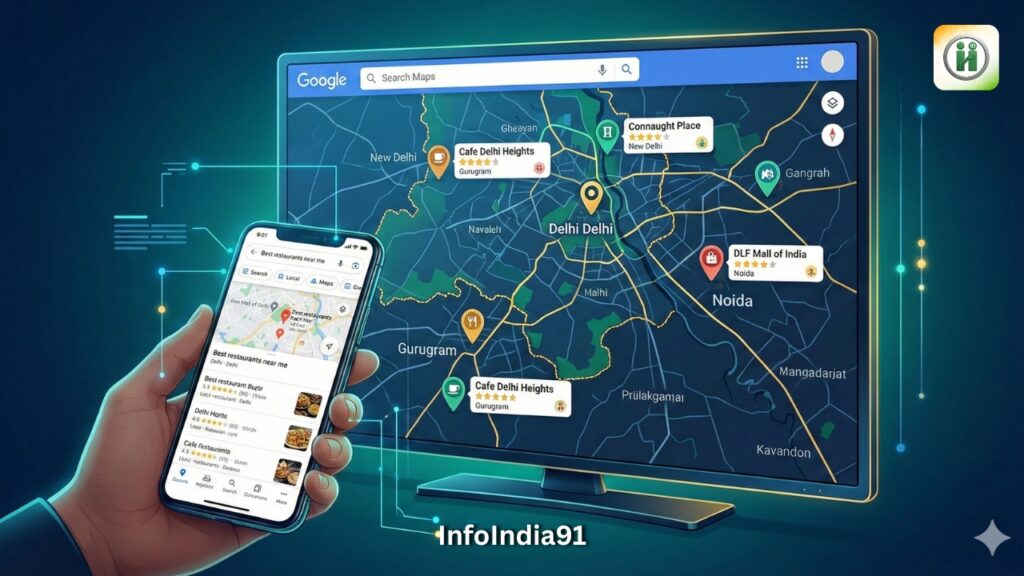 InfoIndia91 dwara teen images ka set: Pehli image mein 'SEO Kyun Zaroori Hai' Hindi text ke sath office mein badhte traffic graphs hain. Doosri image mein SEO process ka diagram (Keyword Research, Optimization, Backlinks, Analytics Dashboard) hai. Teesri image mein Google Maps par local businesses (jaise Cafe Delhi Heights, DLF Mall of India) aur ek smartphone par local search results dikhaye gaye hain.