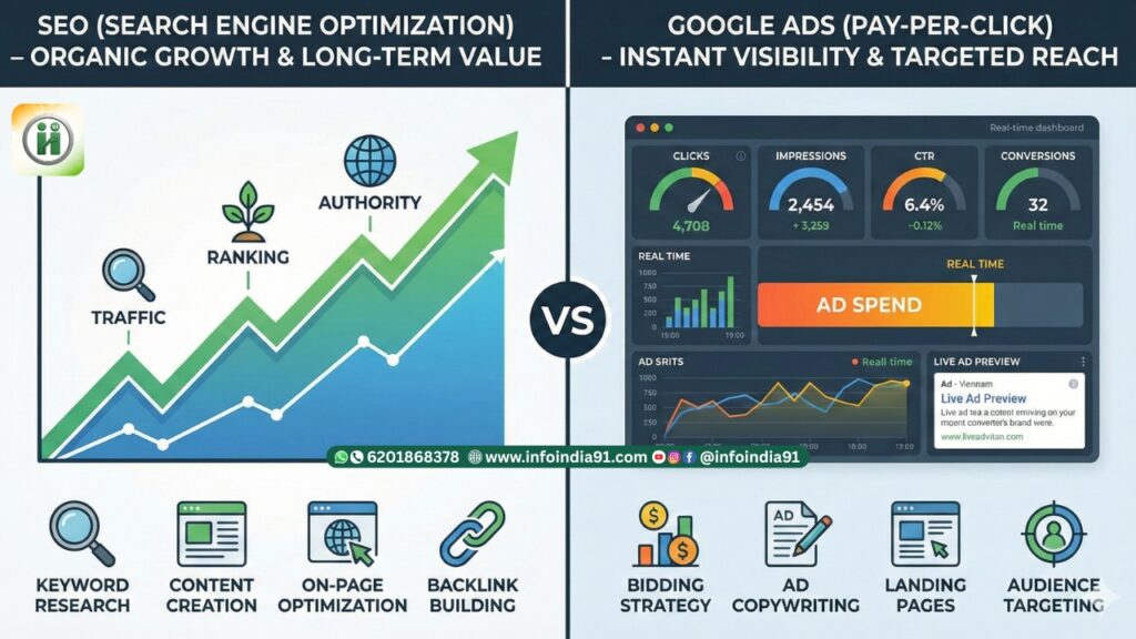 InfoIndia91 graphic jisme Hindi text "SEO क्यों ज़रूरी है?" likha hai. Ek modern office terrace se Delhi skyline aur India Gate dikh raha hai, jahan digital screens par 'SEO GROWTH' aur 'TRAFFIC UP' ke badhte hue graphs hain.