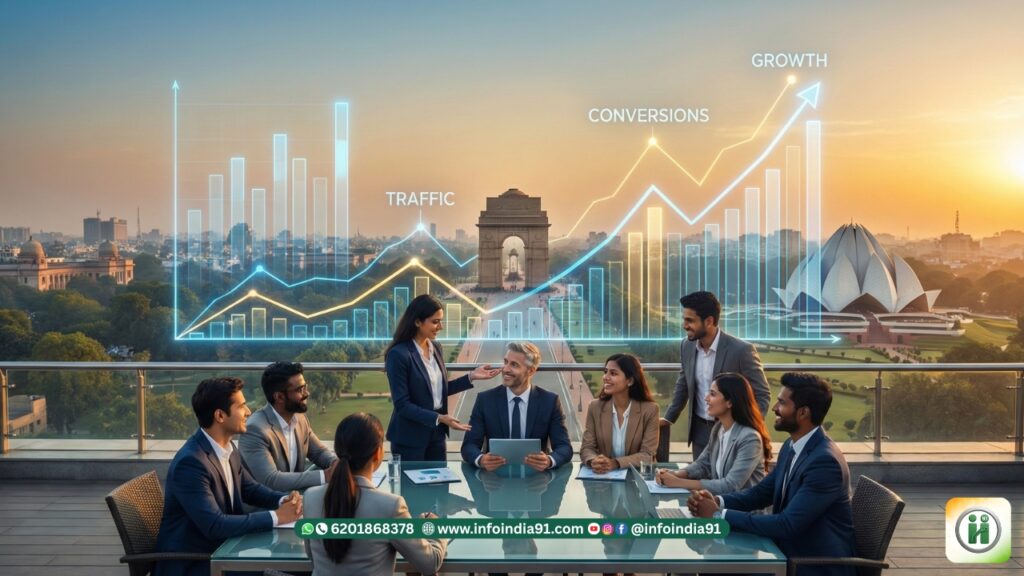 InfoIndia91 graphic jisme Hindi text "SEO क्यों ज़रूरी है?" likha hai. Ek modern office terrace se Delhi skyline aur India Gate dikh raha hai, jahan digital screens par 'SEO GROWTH' aur 'TRAFFIC UP' ke badhte hue graphs hain.