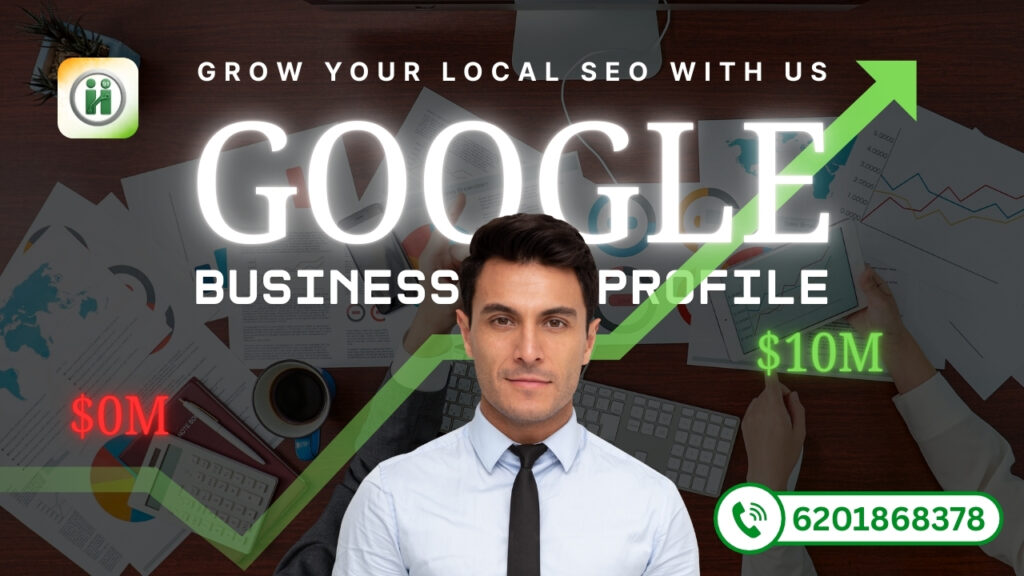 Google Business Profile SEO services with a professional marketer and rising growth chart showing business improvement