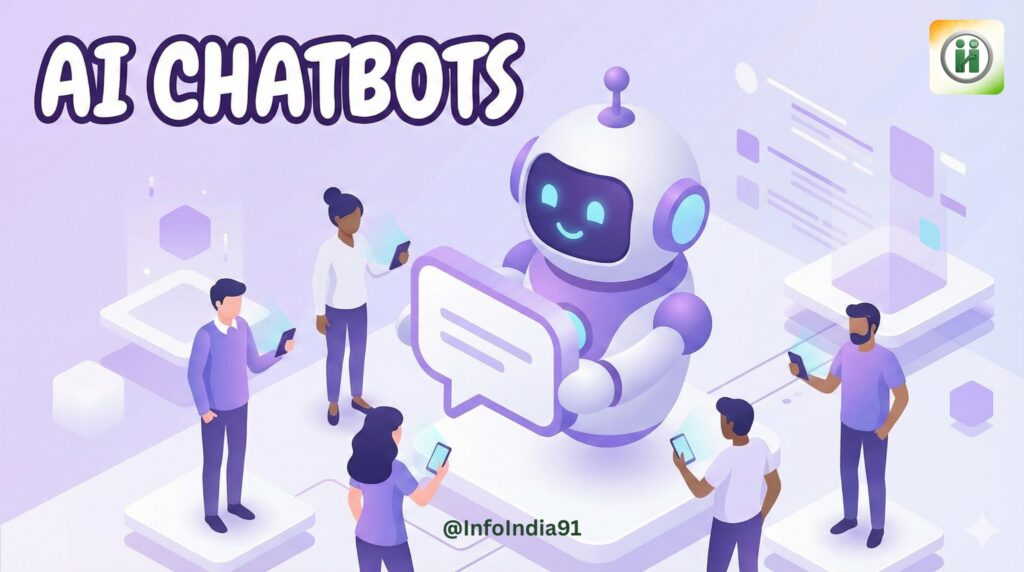 3D friendly robot AI Chatbot illustration interacting with mobile users for Digital Marketing - InfoIndia91" (Hindi Keywords ke liye: "AI Chatbot 3D Robot Digital Marketing ke liye - InfoIndia91