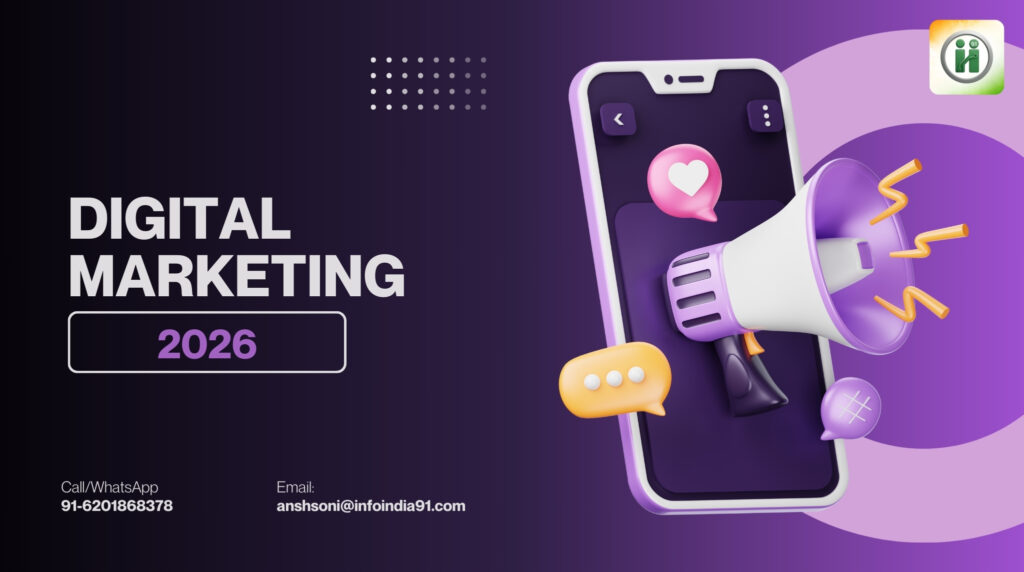 Digital Marketing 2026 banner with mobile megaphone illustration, featuring contact number 91-6201868378 and email anshsoni@infoindia91.com.