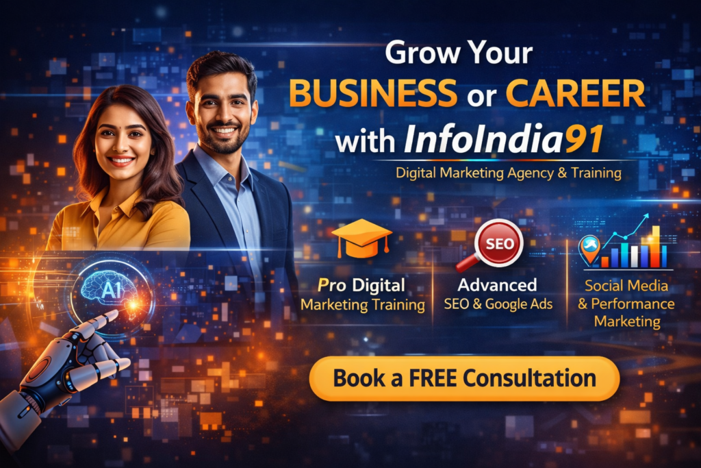 InfoIndia91 digital marketing agency offering SEO Google Ads social media marketing and professional digital marketing training in India