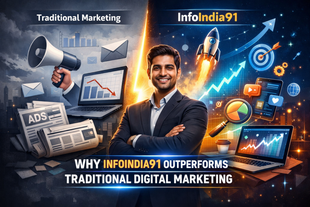 Comparison of traditional marketing vs InfoIndia91 digital marketing showing growth charts, analytics, and modern strategies outperforming outdated methods.