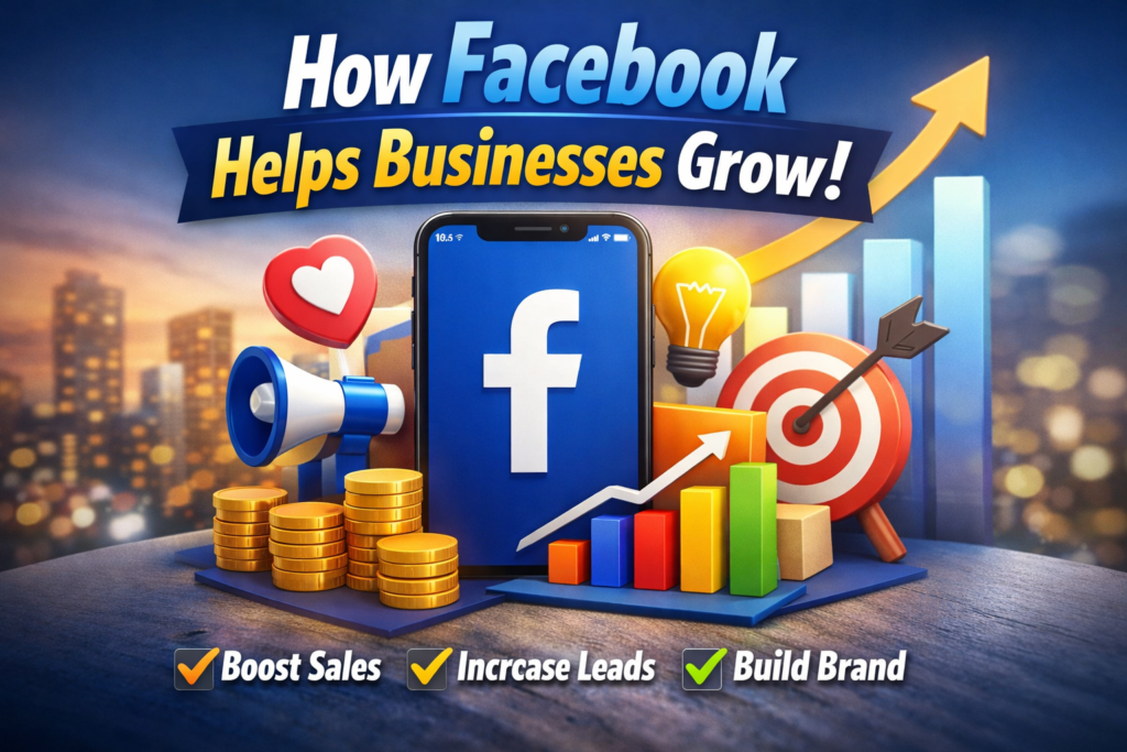 How Facebook helps businesses grow with marketing, leads and sales illustration