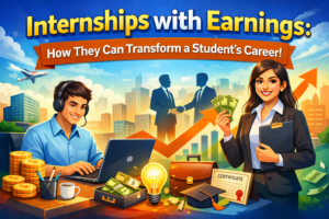 Illustration showing students earning money through internships while building career skills and professional growth.