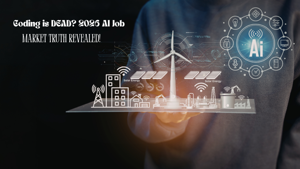 “AI future job market concept with coding, automation, solar energy, and digital technology visualization 2026”